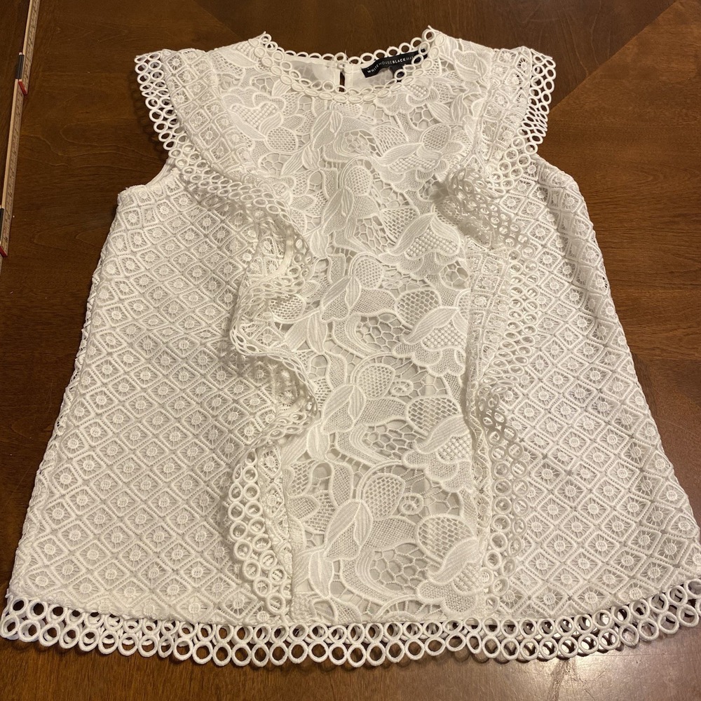 WHBM Fairy Soft Office Crochet Ruffle Overlay Top White Sz 4 Floral Gorgeous